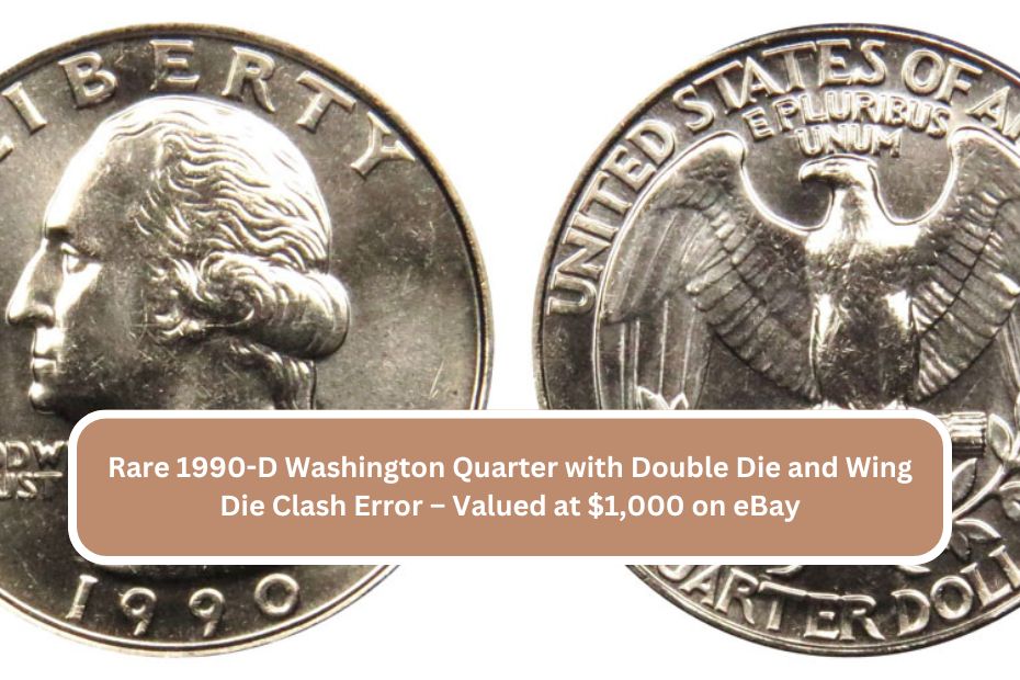 Rare 1990-D Washington Quarter with Double Die and Wing Die Clash Error – Valued at $1,000 on eBay